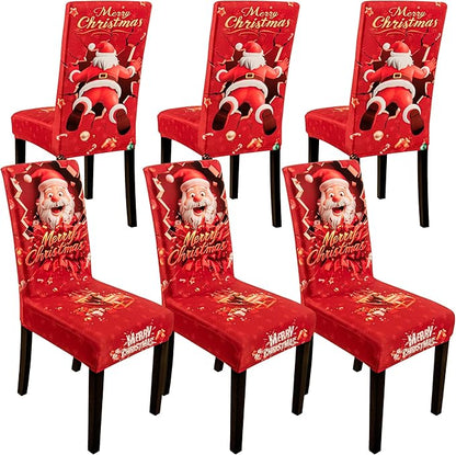 6PCS Christmas Dining Chair Covers Stretch Removable Washable Dining Room Chair Protector Slipcover 3D Print Santa Claus Deer Kitchen Chair Cover Slipcovers Protector for Xmas Holiday Party Home Décor CZL