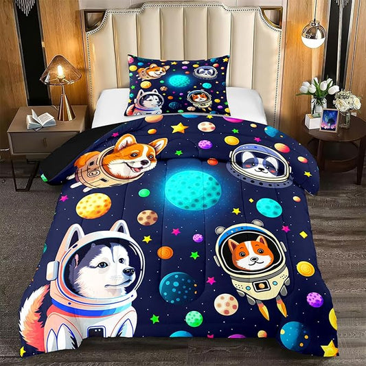 Dogs Twin Comforter Set for Boys - 2Pcs Lovely Pets Animals Theme Bedding Set for Boys Bedroom Kids Room Decor Cute Corgi Husky Alaska Pattern Soft Comforter with 1 Pillowcase for All Season - LeafyLoom