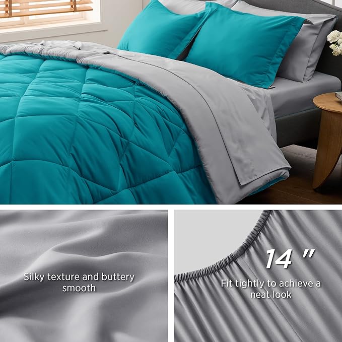 Bedsure Teal Twin Comforter Set - 5 Pieces Reversible Twin Bed in a Bag, Extra Long Twin Bed Set with Comforters, Sheets, Pillowcase & Sham, Twin Bedding Sets for College - LeafyLoom