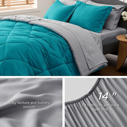 Bedsure Teal King Size Comforter Set - 7 Pieces Reversible King Bed in a Bag King Bed Set with Comforters, Sheets, Pillowcases & Shams, King Bedding Sets - LeafyLoom