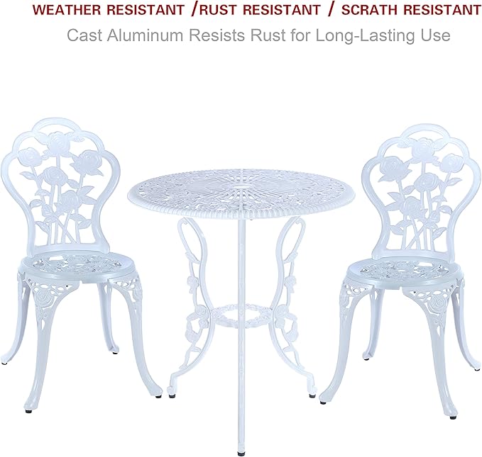 3 Piece Bistro Set,Outdoor Patio Set,Anti-Rust Cast Aluminum Bistro Table Set for Park Yard Front Porch Furniture(White) - LeafyLoom