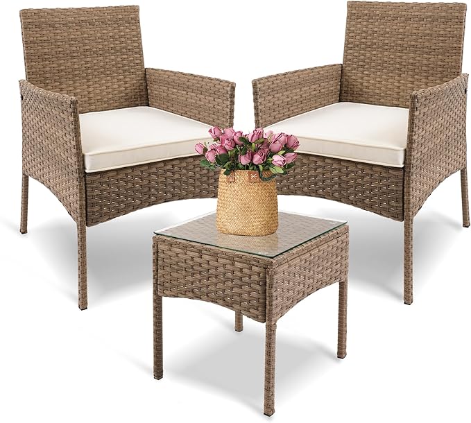 YIYAN 3 Pieces Patio Bistro Set Outdoor Wicker Furniture Outdoor Porch PE Rattan Wicker Chairs Furniture Sets with Sofa Chairs,Glass Coffee Table and White Washable Cushion - LeafyLoom