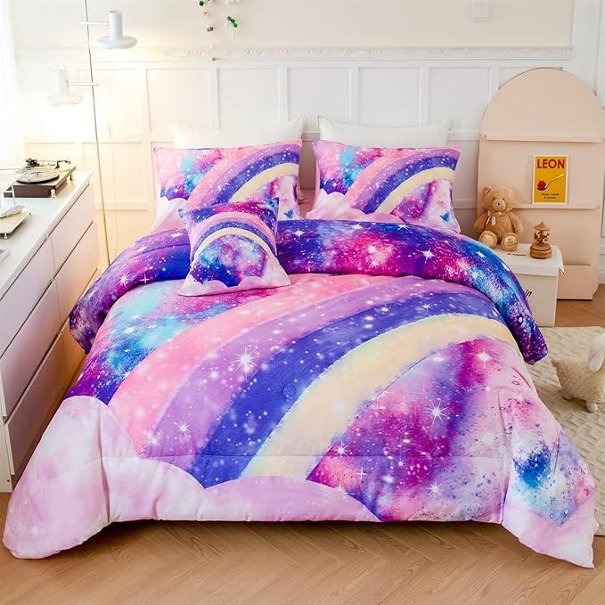 6Pcs Teen Pink Bedding Set Full for Girls, 3D Tie Dye Comforter Pink Colorful Rainbow Kids Comforter Set, Ultra Soft Pastle Nebula Printed Bed in A Bag with Sheets - LeafyLoom