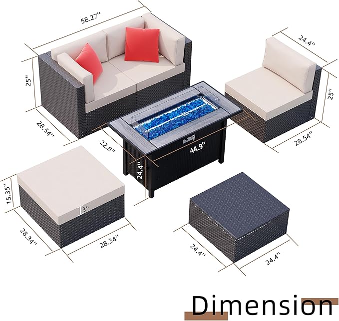 Shintenchi 6 Pieces Patio Furniture Sets w/Fire Pit Table, Outdoor Conversation Set w/50,000 BTU Steel Gas Fire Pit, Beige Patio Rattan Sectional Sofa Set w/Brown Top Fire Pit - LeafyLoom