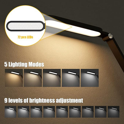 LED Desk Lamp, Eye-Caring Table Lamps Natural Light Protects Eyes Dimmable Office Lamp with 5 Color Modes USB Charging Port Touch Control and Memory Function, 10W Reading Lamp,Black - LeafyLoom