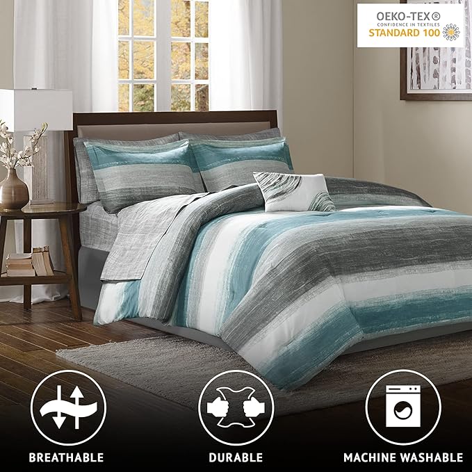 Madison Park Essentials Twin Comforter Set, Bed in a Bag Twin, Watercolor Print Coastal Comforter & Chambray Cotton Sheet Set, All Season Bedding Set, Saben, Aqua Twin (68 in x 86 in) 7 Piece - LeafyLoom