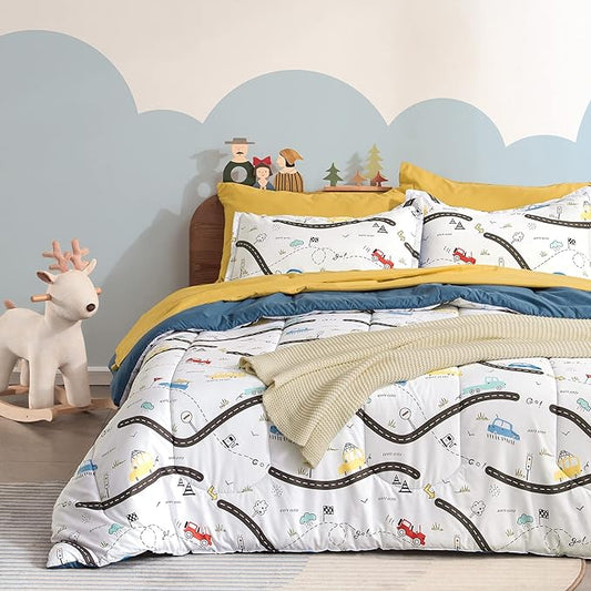 SLEEP ZONE Kids Bedding Full/Queen Comforter Set - Cute Printed for Boys, Girls, Teens, Super Soft, Fade Resistant, Car Road, Full/Queen - LeafyLoom