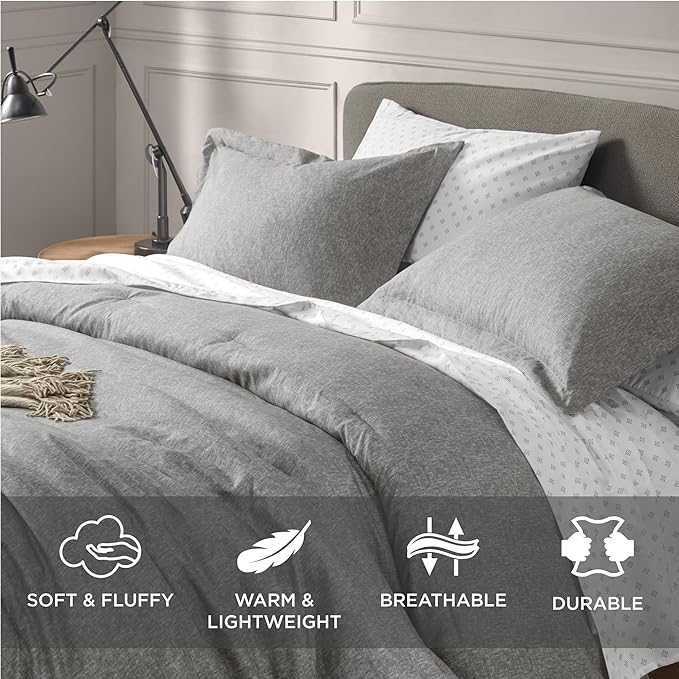 7-Piece King Size Comforter Set with Sheets, Modern Chambray Printed Bed in a Bag Bedding Sets, Grey, includes Fitted Sheet, Flat Sheet, Comforter, 2 Pillowcases & 2 Shams - LeafyLoom