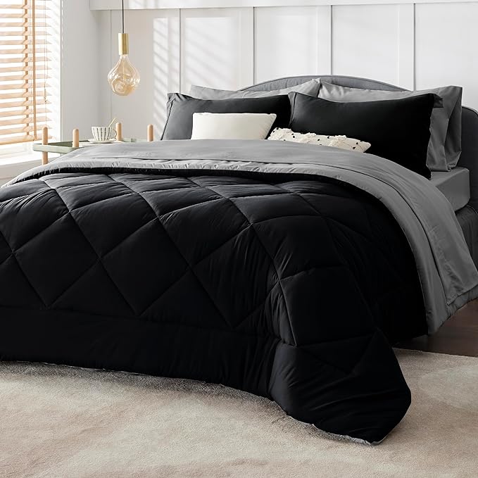 Bedsure Black Full Size Comforter Sets - 7 Pieces Reversible Comforter Set Full Bed in a Bag with Comforters, Sheets, Pillowcases & Shams, Full Bedding Sets - LeafyLoom