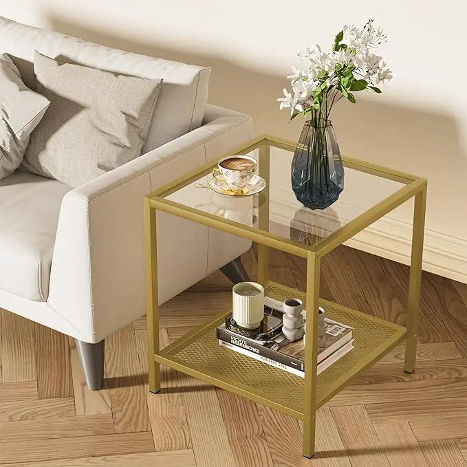 SAYGOER Glass Side Table Small Gold End Table for Small Spaces 2-Tier Square Night Stand with Storage Modern Bed Side Table with Gold Frame for Bedroom Living Room, Easy Assembly - LeafyLoom