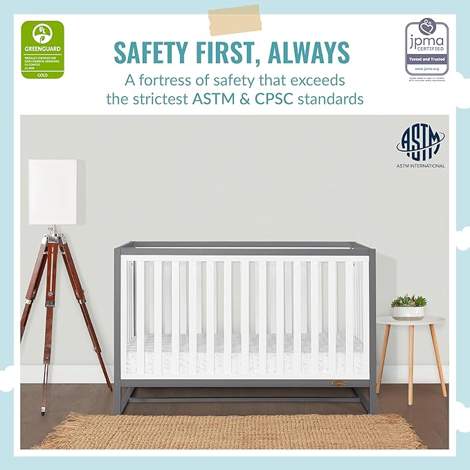 Arlo 5-in-1 Convertible Crib in Steel Grey and White, JPMA Certified, 3 Mattress Height Settings, Non-Toxic Finish, Made of Sustainable and Sturdy Pinewood - LeafyLoom