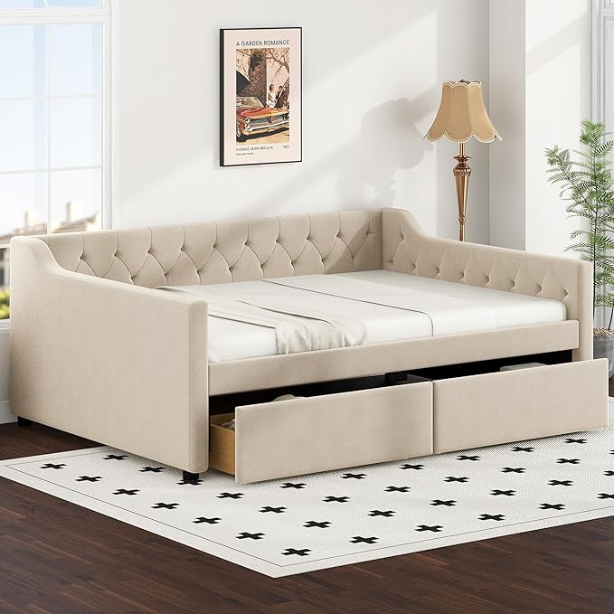 Full Size Velvet Upholstered Tufted Daybed with 2 Drawers,Modern Wood Bed Frame w/Armrests,Slat Support,No Box Spring Needed,Daybeds for Apartment,Bedroom,Guest Room,Beige - LeafyLoom