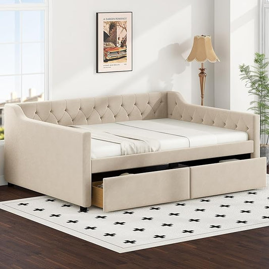 Full Size Velvet Upholstered Tufted Daybed with 2 Drawers,Modern Wood Bed Frame w/Armrests,Slat Support,No Box Spring Needed,Daybeds for Apartment,Bedroom,Guest Room,Beige - LeafyLoom