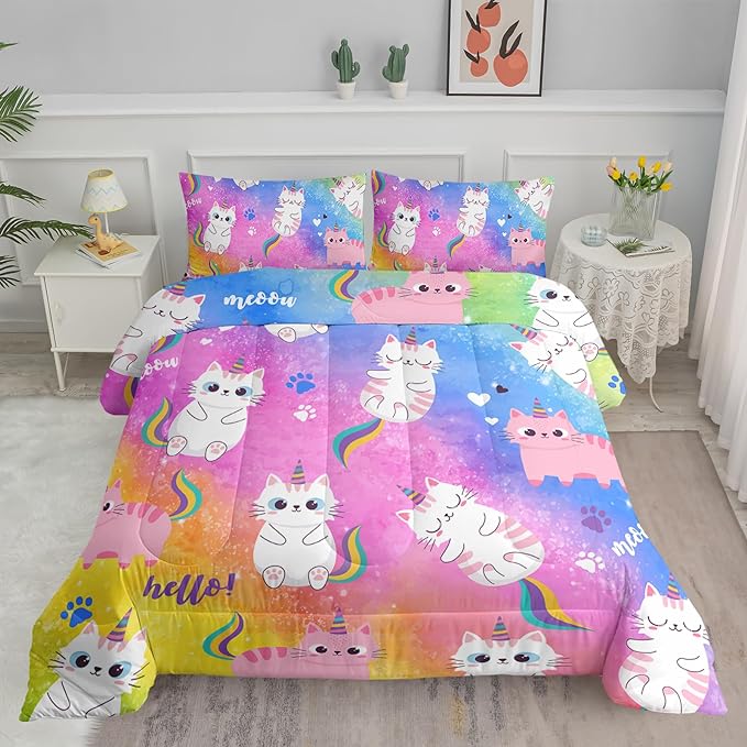 Axolotl Cat Bedding Twin Cartoon Cat Comforter Set,Rainbow Printed Kids Bedding Set for Girls Kids Adults Teens,Kids Comforter Set All Season,1 Quilt 2 Pillow Cases,Colorful Pink Blue - LeafyLoom