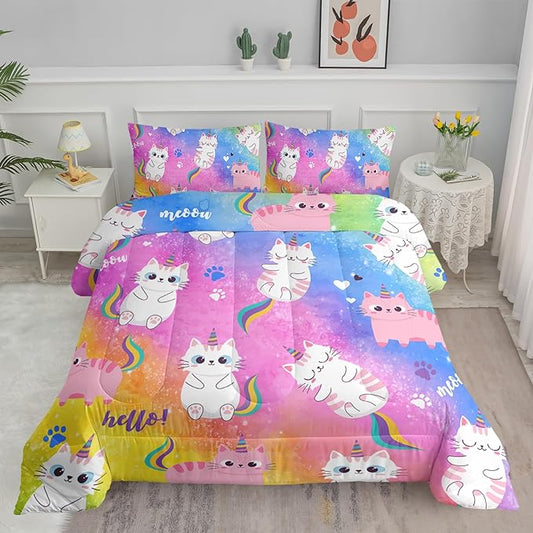 Axolotl Cat Bedding Twin Cartoon Cat Comforter Set,Rainbow Printed Kids Bedding Set for Girls Kids Adults Teens,Kids Comforter Set All Season,1 Quilt 2 Pillow Cases,Colorful Pink Blue - LeafyLoom