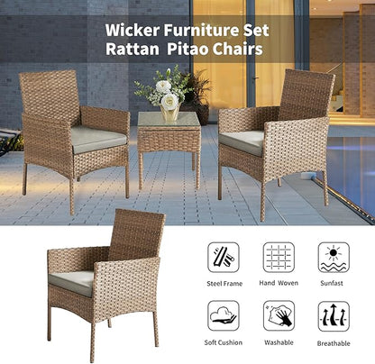 3 Pieces Patio Set Balcony Furniture Sets for Apartments.Bistro Furniture Set, Conversation Sets with Coffee Table, for Porch, Patio, Garden and Removable Cushions Grey - LeafyLoom