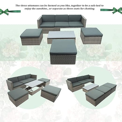 5 Pieces Outdoor Patio Sectional Sofa Couch, PE Wicker Furniture Conversation Sets with Adustable Backrest & Washable Cushions & Ottomans & Glass Coffee Table for Garden, Poolside, Backyard - LeafyLoom