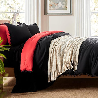 Anluoer King Comforter Set 7 Piece, Black Bed in a Bag with Sheets, Pom Pom Boho Bedding Comforter Sets with 1 Comforter, 2 Pillow Shams, 2 Pillowcases, 1 Flat Sheet, 1 Fitted Sheet - LeafyLoom