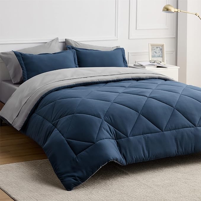 Bedsure Navy Bed Sets Twin - 5 Pieces Reversible Twin Comforter Sets, Twin Bedding Set with Comforters, Sheets, Pillowcase & Sham - LeafyLoom