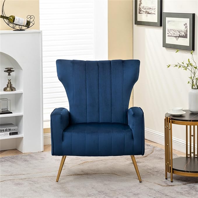 Armchair Modern Velvet Accent Chair, Channel Tufted Bedroom, Office or Living Room Furniture with Elegant Metal Legs, Blue - LeafyLoom