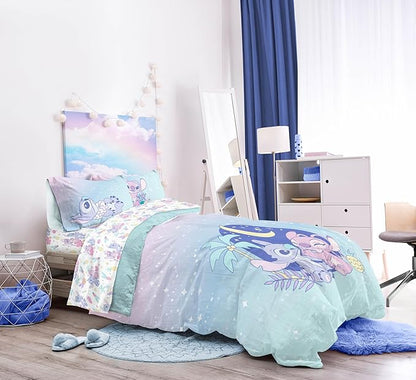 Disney Lilo and Stitch Twin Size Comforter Set - 5 Piece Floral Bedding includes Sheet Set & Pillow Covers Features Angel - Super Soft Purple & Teal Stars Kids Bedding - LeafyLoom