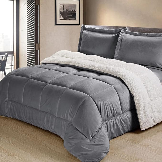 Cathay Home Queen Comforter Set: Ultra Soft and Plush Reversible Micromink and Sherpa 3-Piece Bedding Set, Pewter, Queen (90" x 90") - LeafyLoom