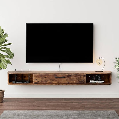 Floating TV Unit, 55'' Wall Mounted TV Cabinet, Floating Shelves with Door, Modern Entertainment Media Console Center Large Storage TV Bench for Living Room & Office (55.12IN, Rustic Brown) - LeafyLoom