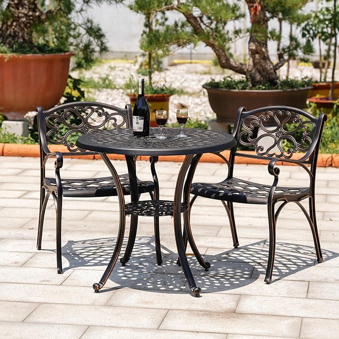 Cast Aluminum Patio Dining Set, Outdoor Bistro Set, 31.5"" Round Patio Table with Umbrella Hole, 2 Patio Chairs for Yard Porch Garden Balcony, Bronze 4 - LeafyLoom