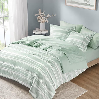 Codi Bed in a Bag Twin Size Complete Set, Sage Green White Striped Single Comforter Set 5 Piece for Teen, Modern Neutral Cationic Dyeing Bed Sets with Comforter, Sheets, Pillowcases & Shams - LeafyLoom