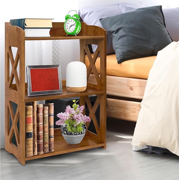 Side Table 3 Tier Bookshelf, Natural Wood Bookcase with Storage Shelf, Table Nightstand, Small Bookshelf, Open Bookcase, Display Rack for Office, Bedroom, Living Room and Kitchen (Brown) - LeafyLoom