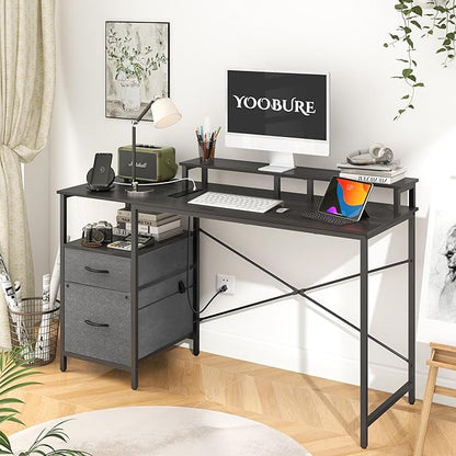 Yoobure Computer Desk, Gaming Desk with LED Lights & Power Outlets, Office Desk with Fabric File Cabinets, 55.1" Gaming Table with Long Monitor Stand, PC Gamer Desk with Drawers for Home office, Grey - LeafyLoom