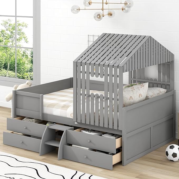 Full Size Low Loft Bed, Wooden House Shaped Loft Bed Frame with 4 Storage Drawers for Kids Teens Boys Girls, Easy Assembly, No Box Spring Needed, Gray - LeafyLoom