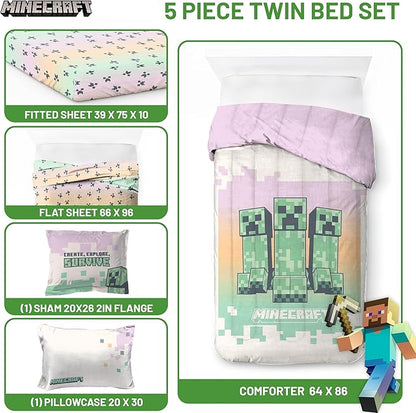 Minecraft Creeper Twin Comforter Set - 5 Piece Bedding includes Sheet Set & Pillow Covers - Super Soft Pink & Green Kids Bedding - LeafyLoom