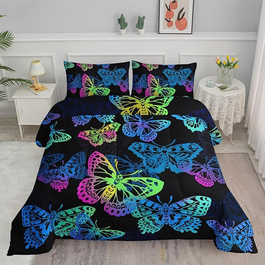 Axolotl Colorful Butterflies Bedding Set,Twin Size Kids Bed Set,Gradient Butterfly Comforter Set,1 Quilt with 2 Pillowcases for Boys Girls Kids Teens Children Adults Room Decor All Season,Black - LeafyLoom