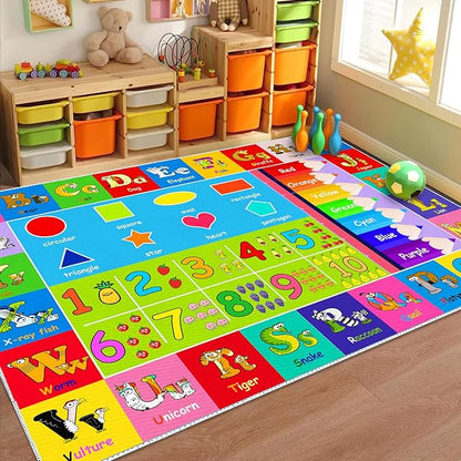 Kids Alphabet Play Game Rug - 5' 3" x8' ABC Numbers and Shapes Educational Learning Toddler Carpet - Kids Room Playroom Classroom Kindergarten Activity Fun Soft Non-Slip Mat - LeafyLoom