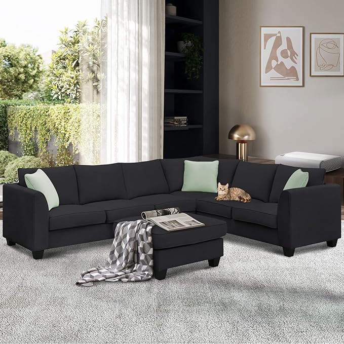 Modern Large U Sectional Sofa, 7 Seat with Movable Ottoman, L Shape Corner Couch for Living Room Furniture Sets Apartment,Office, E-Black - LeafyLoom