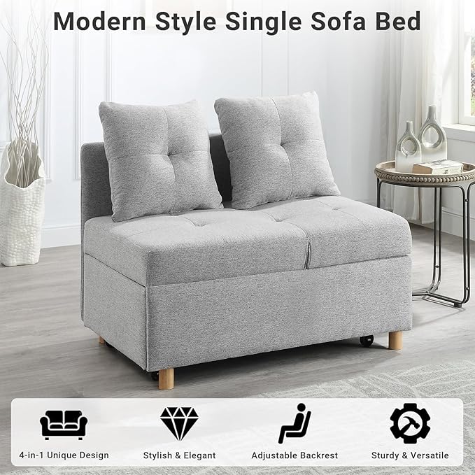 4-in-1 Convertible Sleeper Sofa, Single Pull Out Couch Chair with 6-Level Adjust Backrest Loveseat with Storage and Pillows, Modern Recliner for Living Room Apartment Office, Light Grey - LeafyLoom