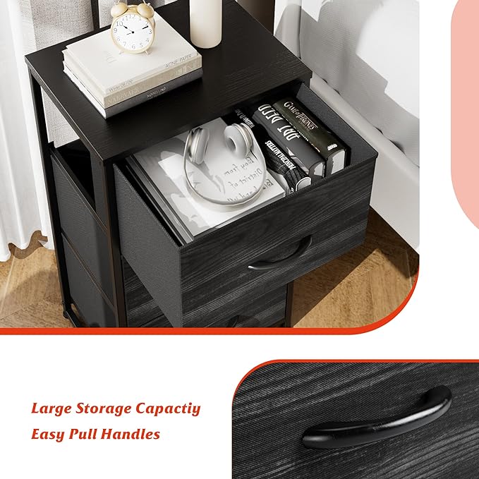 Nicehill Nightstand, Dresser with 3 Drawers, Bedside Table Chest of Drawers, Small Dresser for Bedroom, Kids' Room, Closet, Kids Dresser with Wooden Top Steel Frame, Modern, Black Wood Grain - LeafyLoom