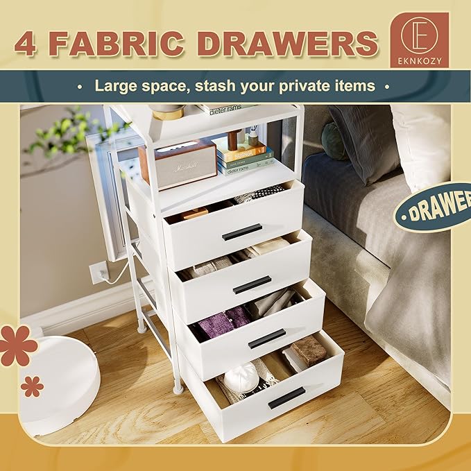 Nightstand 4 Drawer Dresser with LED Lights and Charging Station, Vertical Side Table with Fabric Drawers, End Table with Open Shelf, Tall Dresser for Bedroom, Hallway, Entryway, White - LeafyLoom