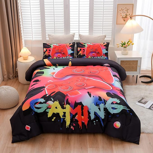 Aimuan Gaming Comforter Sets for Boys Kids Bedding Sets Video Games Console Action Buttons Novelty Colorful Game Gamepad Controller Modern Gamer Room Decor Home Quilt Set (Twin, Black) - LeafyLoom