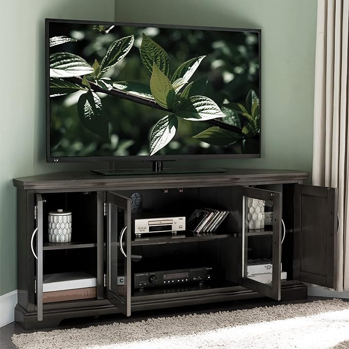 Leick Home 84386 Corner TV Stand with Enclosed Storage For 65" TV's, Riverstone Gray - LeafyLoom