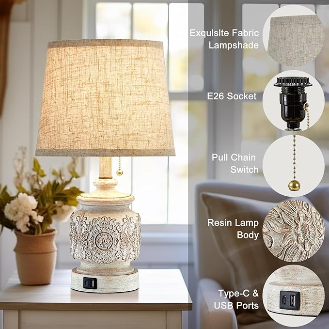 19.5" Farmhouse Vintage Table Lamps for Living Room Set of 2 Traditional Rustic Bedside Lamps for Bedrooms Nightstand with USB Ports Carved Floral Night Light Lamp for Office Decor,Pull Chain - LeafyLoom