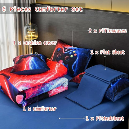 DORCAS Gamer Comforter Sets with Sheets for Boys,Twin Size Gamer Bedding Sets Boys,6 Pieces Lightning Gaming Comforter Set for Boys Kids Teens (Red&Blue, Twin) - LeafyLoom