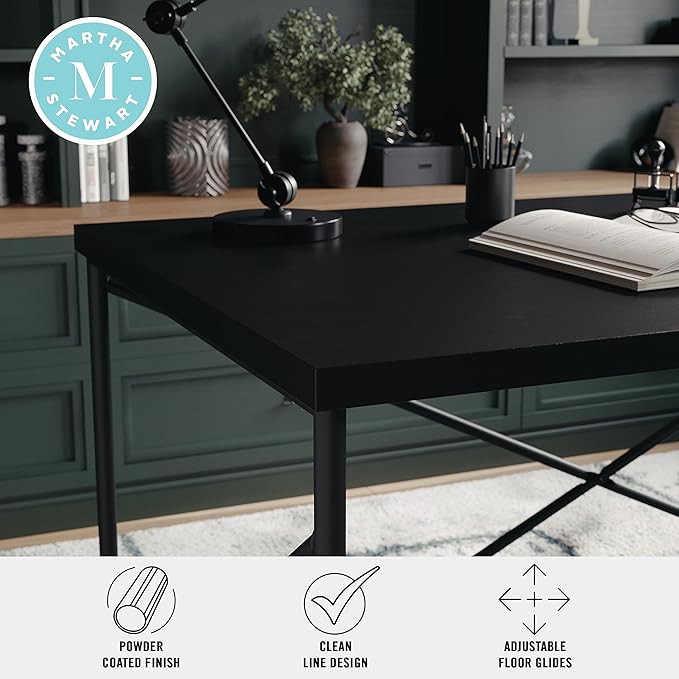 Martha Stewart Maddox Home Office Parsons Desk in Black Wood Grain with Oil Rubbed Bronze Metal X-Frame - LeafyLoom