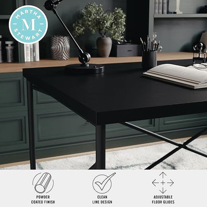 Martha Stewart Maddox Home Office Parsons Desk in Black Wood Grain with Oil Rubbed Bronze Metal X-Frame - LeafyLoom