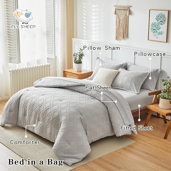 7 Pieces Tufted Bed in a Bag Queen Comforter Set with Sheets Light Grey, Soft and Embroidery Shabby Chic Boho Bohemian, Solid Color with Diamond Pattern, Jacquard Tufts Bedding Set for All Season - LeafyLoom