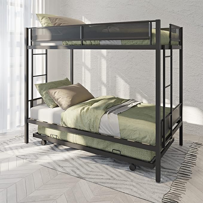 Twin over twin bunk bed with Trundle,Sturdy Metal Frame,Noise-Free Wood Slats,Comfortable Textilene Guardrail, 2 side Ladders,Space-Saving-Trundle,Bunk-Bed for Three,No Box Spring Needed,Black - LeafyLoom