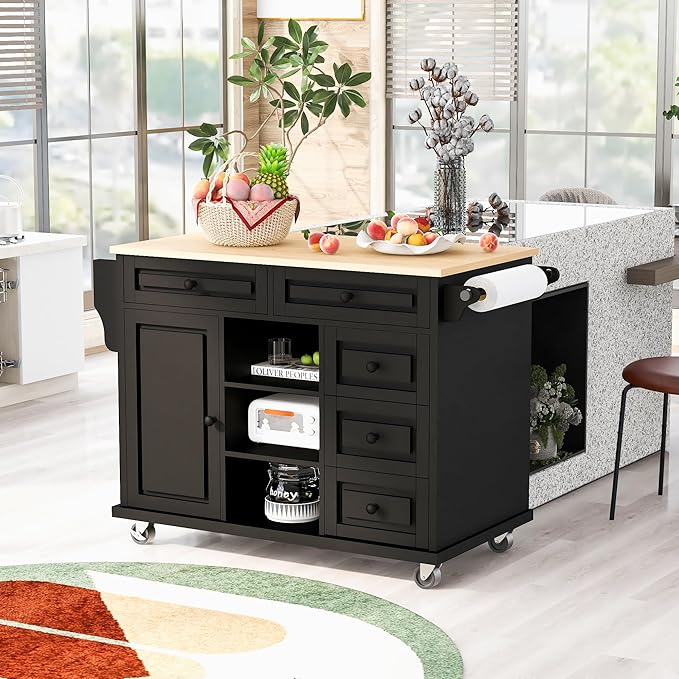 Island with Storage Cabinets, Rolling Mobile Kitchen-cart with Rubber Wood Desktop and 5 Drawers & Open Shelves, Sideboard for Dining Room, Home Bar, Black, 52.8 Inch - LeafyLoom