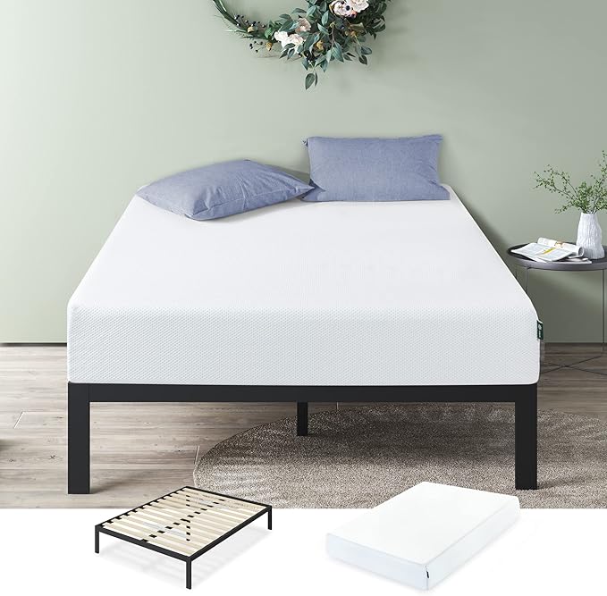 ZINUS 12 Inch Green Tea Cooling Gel Memory Foam Mattress and Mia Platform Bed Frame Set / Bed and Mattress Set / No Box Spring Needed / Mattress in a Box, Queen - LeafyLoom