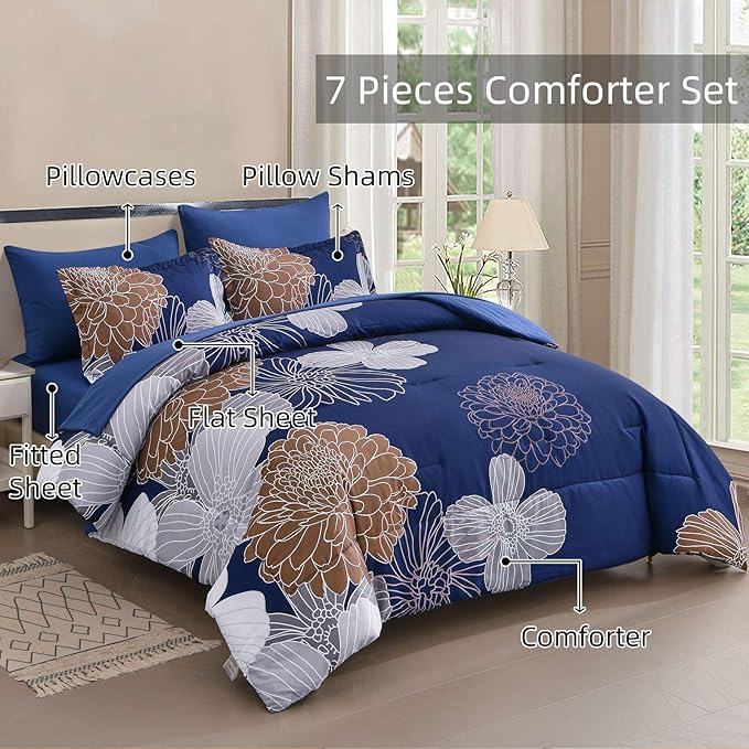 Yiran Navy Brown Comforter Set Queen Bed in a Bag 7 Pieces Floral Soft Microfiber Comforter Bedding Sets Bed Set with Comforter, Sheets, Pillowcases & Shams 90"×90" - LeafyLoom